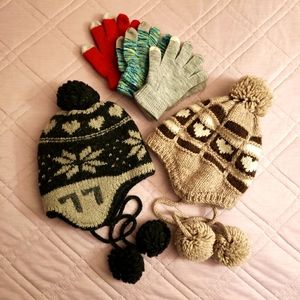 Cable Knit Pom Hat Beanies & Mitten Gloves